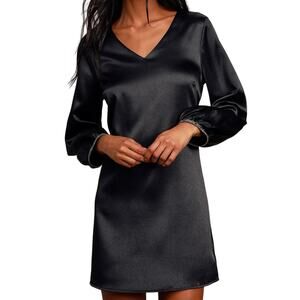 LULUS Take My Love Black Satin Rhinestone Long Sleeve Shift Dress